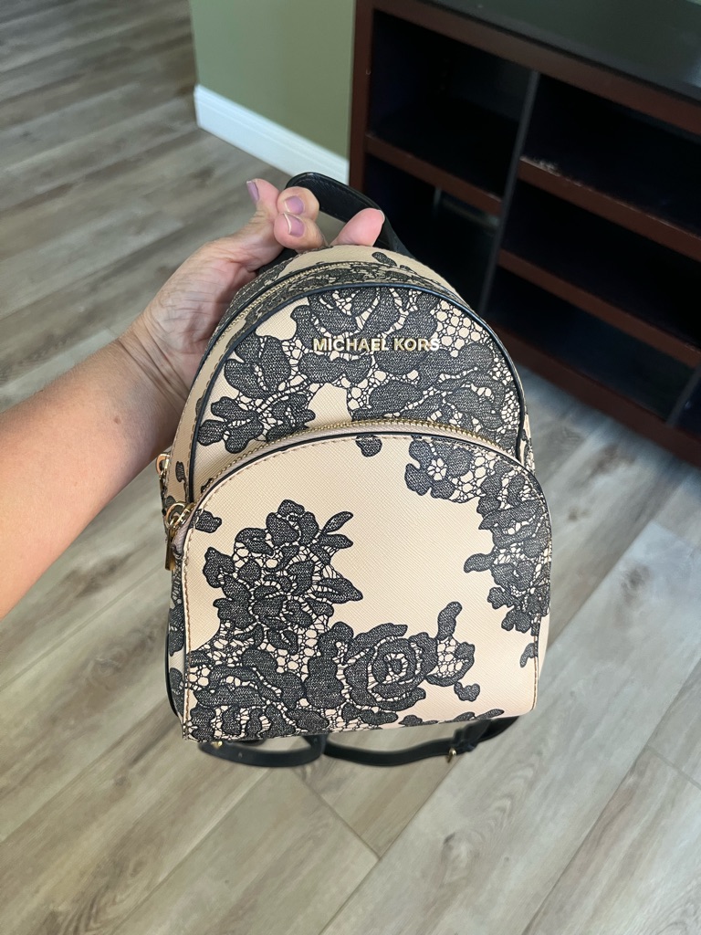 Michael Kors Beige Mini Backpack With Black Lace-Print
